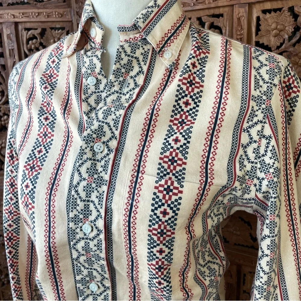 Gitman Bros Vintage Cream Button-Up Shirt with western cross stitch print - Picture 8 of 16